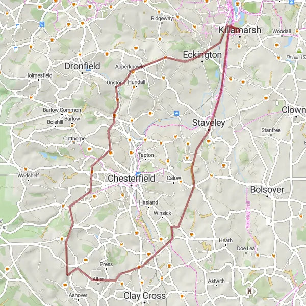 Map miniature of "Renishaw to Eckington Gravel Adventure" cycling inspiration in Derbyshire and Nottinghamshire, United Kingdom. Generated by Tarmacs.app cycling route planner