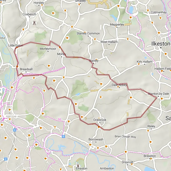 Map miniature of "Stanley and Breadsall" cycling inspiration in Derbyshire and Nottinghamshire, United Kingdom. Generated by Tarmacs.app cycling route planner