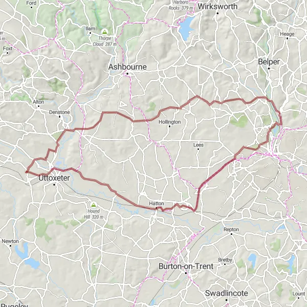 Map miniature of "The Sudbury Gravel Adventure" cycling inspiration in Derbyshire and Nottinghamshire, United Kingdom. Generated by Tarmacs.app cycling route planner