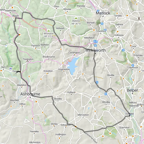 Map miniature of "Kedleston and the Peaks" cycling inspiration in Derbyshire and Nottinghamshire, United Kingdom. Generated by Tarmacs.app cycling route planner