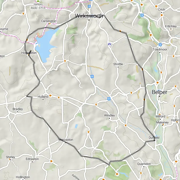 Map miniature of "The Kedleston Shortcut" cycling inspiration in Derbyshire and Nottinghamshire, United Kingdom. Generated by Tarmacs.app cycling route planner