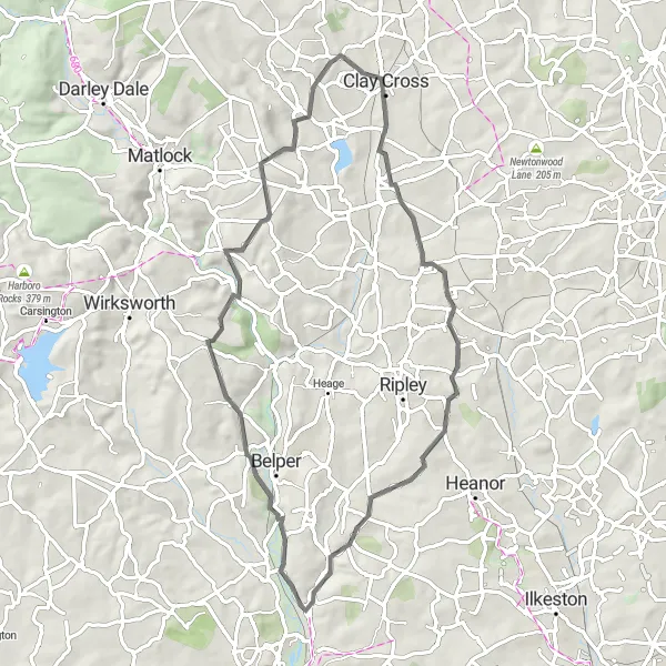 Map miniature of "Belper Lane End and Stretton" cycling inspiration in Derbyshire and Nottinghamshire, United Kingdom. Generated by Tarmacs.app cycling route planner