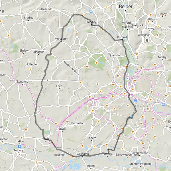 Map miniature of "The Derby Countryside Escape" cycling inspiration in Derbyshire and Nottinghamshire, United Kingdom. Generated by Tarmacs.app cycling route planner