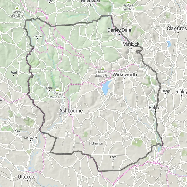 Map miniature of "Markeaton and Ecton Hill" cycling inspiration in Derbyshire and Nottinghamshire, United Kingdom. Generated by Tarmacs.app cycling route planner