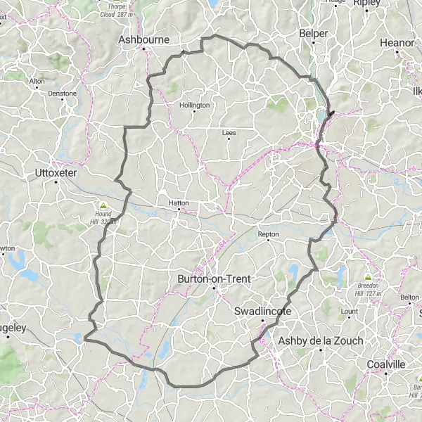 Map miniature of "Derbyshire Round Trip" cycling inspiration in Derbyshire and Nottinghamshire, United Kingdom. Generated by Tarmacs.app cycling route planner