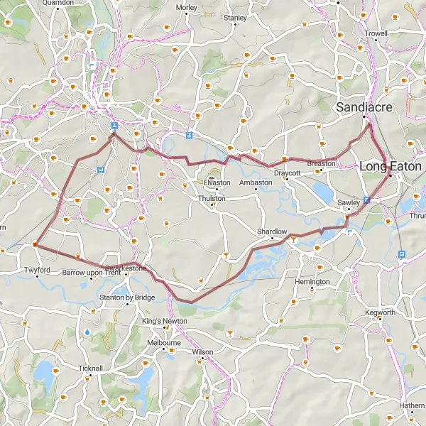 Map miniature of "Historic Trek Along the Trent and Mersey Canal" cycling inspiration in Derbyshire and Nottinghamshire, United Kingdom. Generated by Tarmacs.app cycling route planner