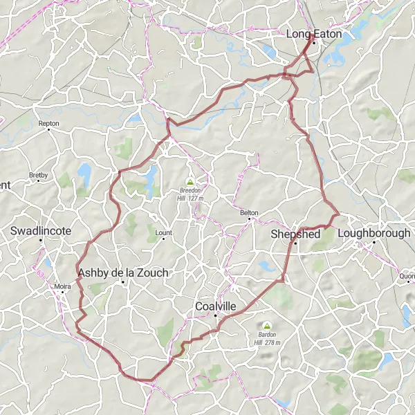 Map miniature of "The Heart of Erewash Valley Gravel Route" cycling inspiration in Derbyshire and Nottinghamshire, United Kingdom. Generated by Tarmacs.app cycling route planner