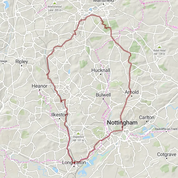 Map miniature of "The Vale of Erewash Gravel Adventure" cycling inspiration in Derbyshire and Nottinghamshire, United Kingdom. Generated by Tarmacs.app cycling route planner