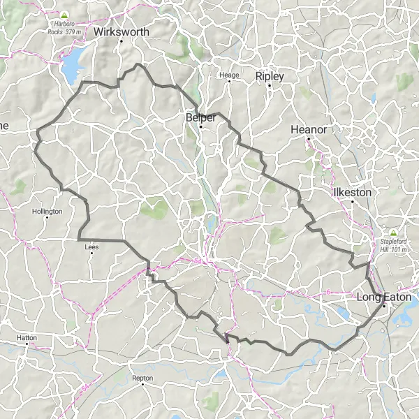 Map miniature of "The Chellaston Loop" cycling inspiration in Derbyshire and Nottinghamshire, United Kingdom. Generated by Tarmacs.app cycling route planner