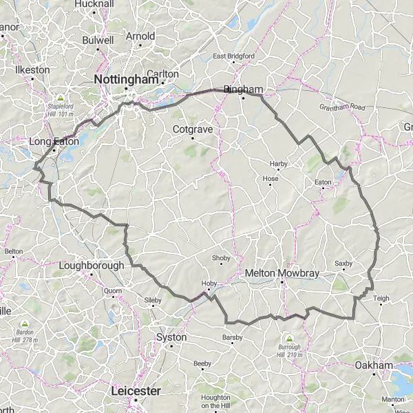 Map miniature of "The Nottinghamshire Countryside" cycling inspiration in Derbyshire and Nottinghamshire, United Kingdom. Generated by Tarmacs.app cycling route planner