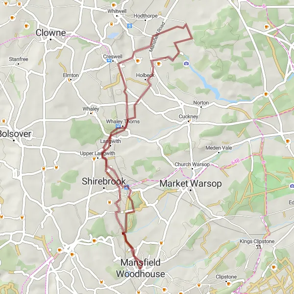 Map miniature of "Whaley Thorns Loop" cycling inspiration in Derbyshire and Nottinghamshire, United Kingdom. Generated by Tarmacs.app cycling route planner