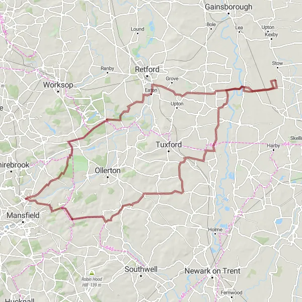 Map miniature of "Eaton to Ragnall Gravel Adventure" cycling inspiration in Derbyshire and Nottinghamshire, United Kingdom. Generated by Tarmacs.app cycling route planner