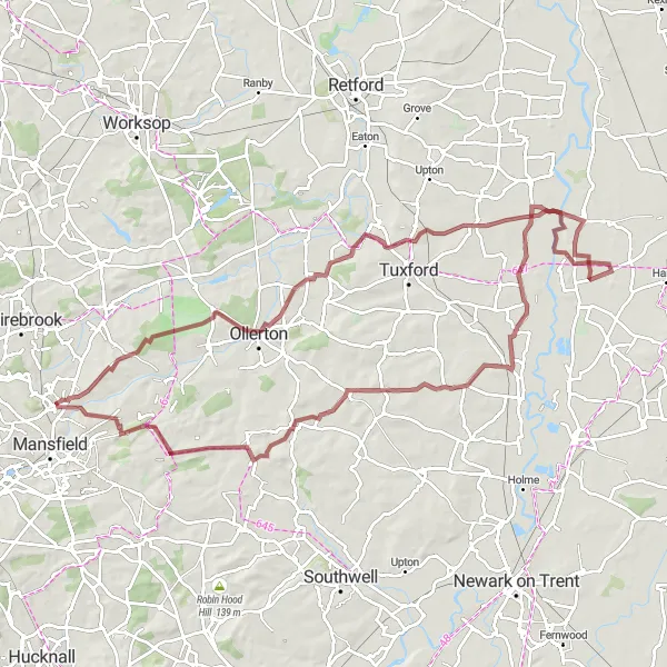 Map miniature of "Countryside Escape" cycling inspiration in Derbyshire and Nottinghamshire, United Kingdom. Generated by Tarmacs.app cycling route planner