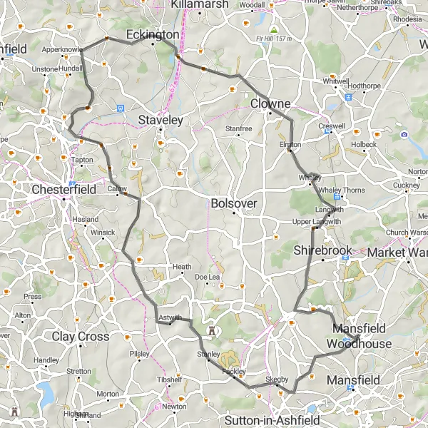 Map miniature of "Mansfield Woodhouse Epic Loop" cycling inspiration in Derbyshire and Nottinghamshire, United Kingdom. Generated by Tarmacs.app cycling route planner