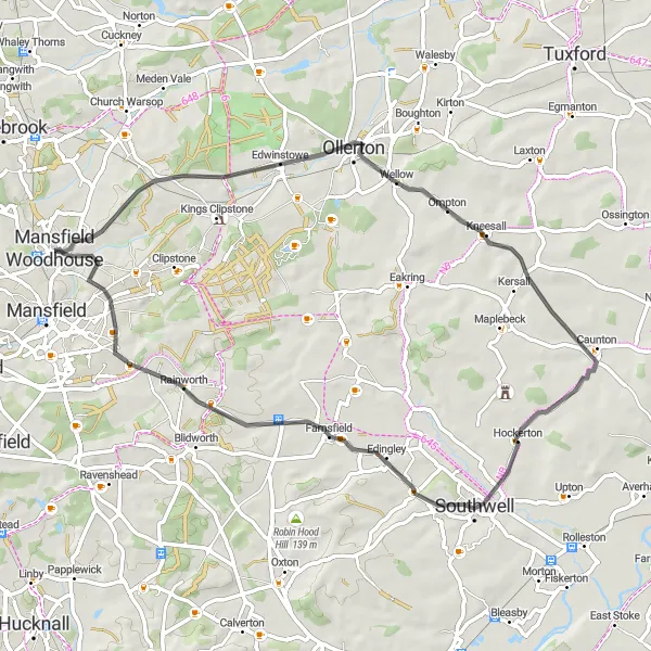 Map miniature of "The Edwinstowe Epic" cycling inspiration in Derbyshire and Nottinghamshire, United Kingdom. Generated by Tarmacs.app cycling route planner