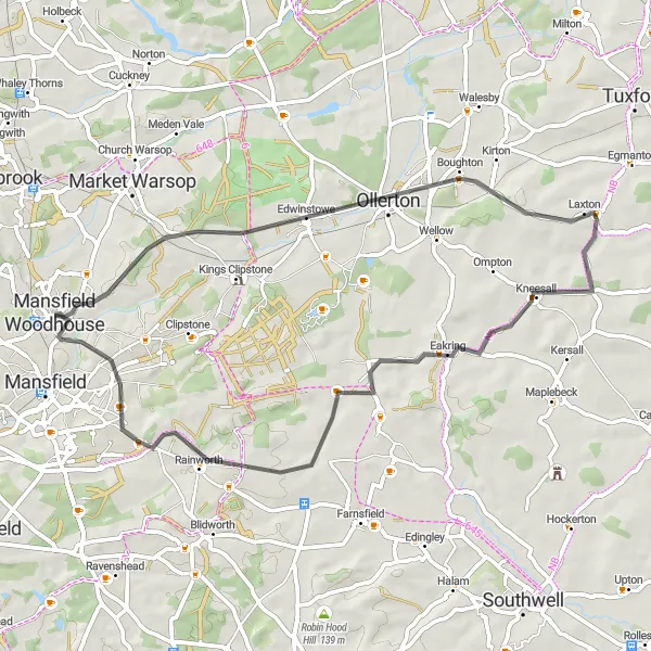 Map miniature of "Edwinstowe and Eakring Loop" cycling inspiration in Derbyshire and Nottinghamshire, United Kingdom. Generated by Tarmacs.app cycling route planner