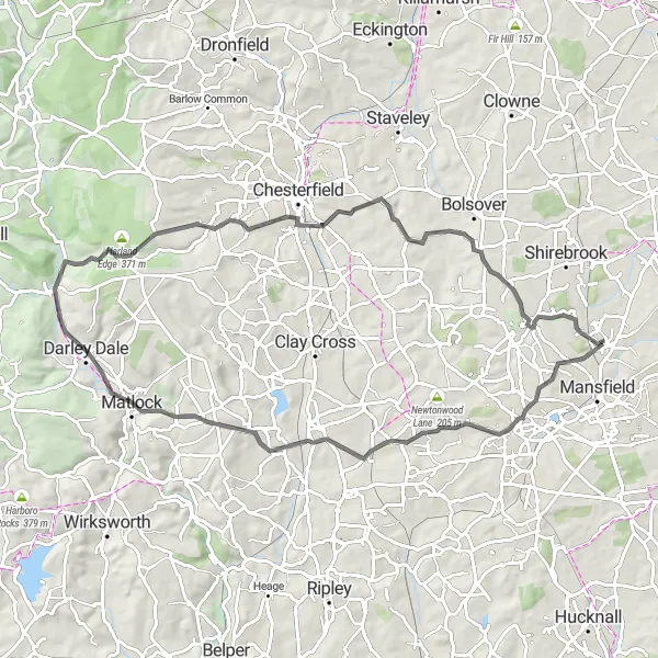 Map miniature of "Darley Dale Scenic Loop" cycling inspiration in Derbyshire and Nottinghamshire, United Kingdom. Generated by Tarmacs.app cycling route planner