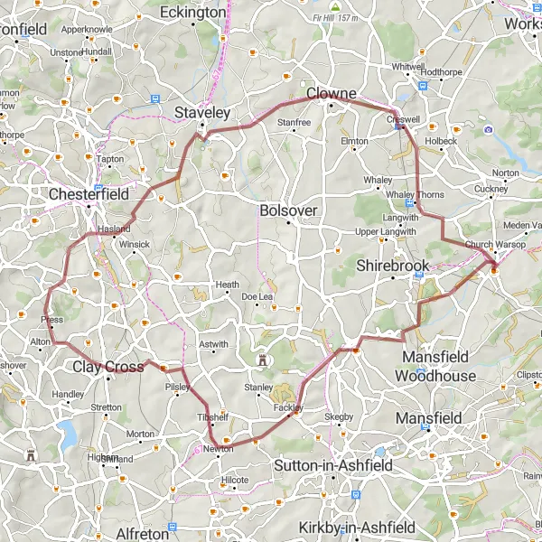 Map miniature of "Gravel Adventure" cycling inspiration in Derbyshire and Nottinghamshire, United Kingdom. Generated by Tarmacs.app cycling route planner