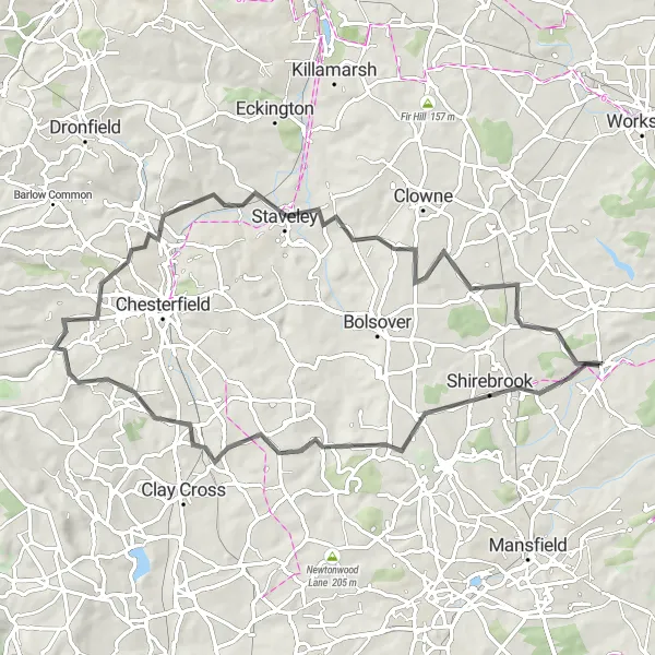 Map miniature of "Shirebrook Loop" cycling inspiration in Derbyshire and Nottinghamshire, United Kingdom. Generated by Tarmacs.app cycling route planner