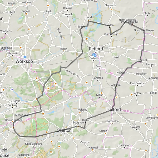 Map miniature of "The Carburton Loop" cycling inspiration in Derbyshire and Nottinghamshire, United Kingdom. Generated by Tarmacs.app cycling route planner