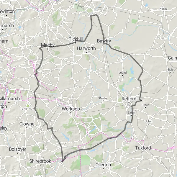 Map miniature of "The Legends Loop" cycling inspiration in Derbyshire and Nottinghamshire, United Kingdom. Generated by Tarmacs.app cycling route planner