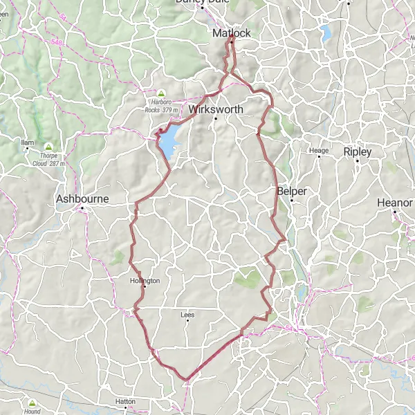 Map miniature of "The Gravel Pathways" cycling inspiration in Derbyshire and Nottinghamshire, United Kingdom. Generated by Tarmacs.app cycling route planner