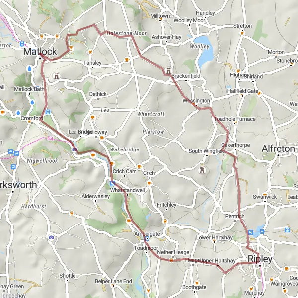 Map miniature of "Matlock Gravel Adventure to High Tor" cycling inspiration in Derbyshire and Nottinghamshire, United Kingdom. Generated by Tarmacs.app cycling route planner