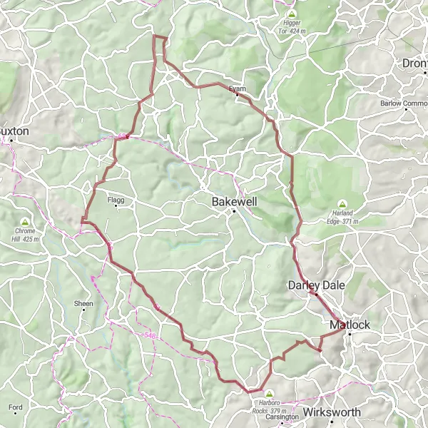 Map miniature of "The Countryside Escape" cycling inspiration in Derbyshire and Nottinghamshire, United Kingdom. Generated by Tarmacs.app cycling route planner