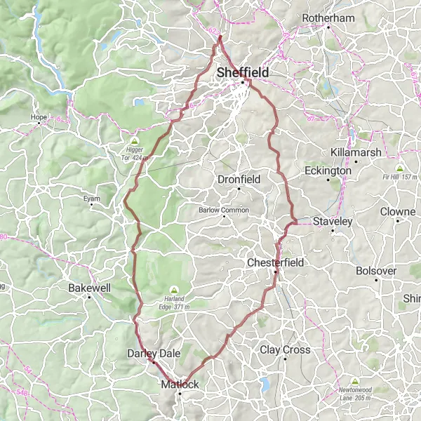 Map miniature of "The Gravel Adventure" cycling inspiration in Derbyshire and Nottinghamshire, United Kingdom. Generated by Tarmacs.app cycling route planner