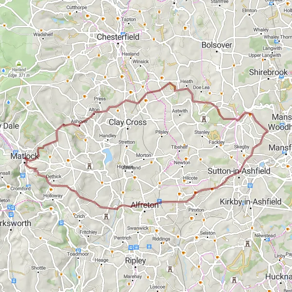 Map miniature of "Ashover Gravel Adventure to High Tor" cycling inspiration in Derbyshire and Nottinghamshire, United Kingdom. Generated by Tarmacs.app cycling route planner