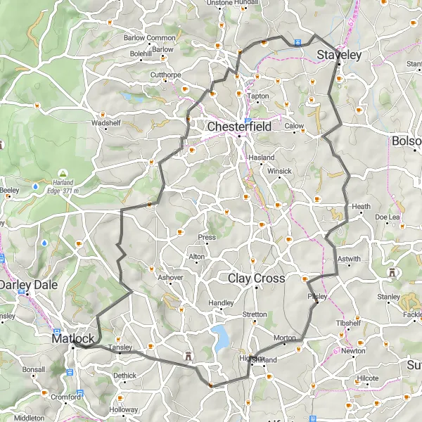 Map miniature of "Matlock Hills Road Ride" cycling inspiration in Derbyshire and Nottinghamshire, United Kingdom. Generated by Tarmacs.app cycling route planner