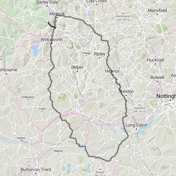 Map miniature of "The Heritage Loop" cycling inspiration in Derbyshire and Nottinghamshire, United Kingdom. Generated by Tarmacs.app cycling route planner
