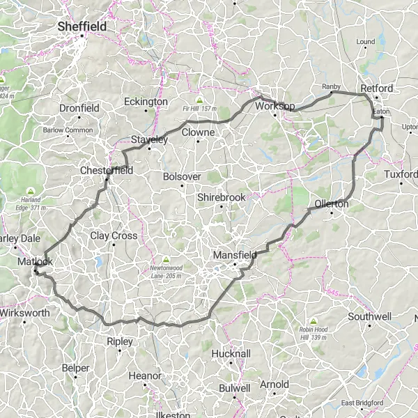 Map miniature of "The Ultimate Road Adventure" cycling inspiration in Derbyshire and Nottinghamshire, United Kingdom. Generated by Tarmacs.app cycling route planner