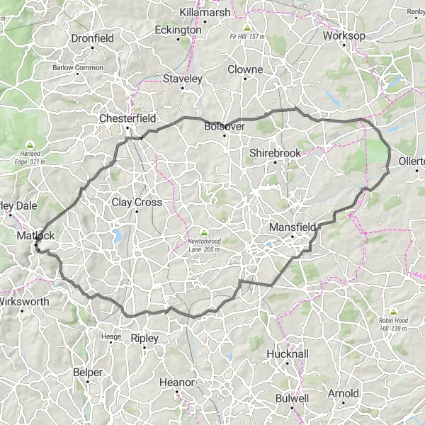 Map miniature of "Matlock to Leabrooks Hill Road Ride" cycling inspiration in Derbyshire and Nottinghamshire, United Kingdom. Generated by Tarmacs.app cycling route planner