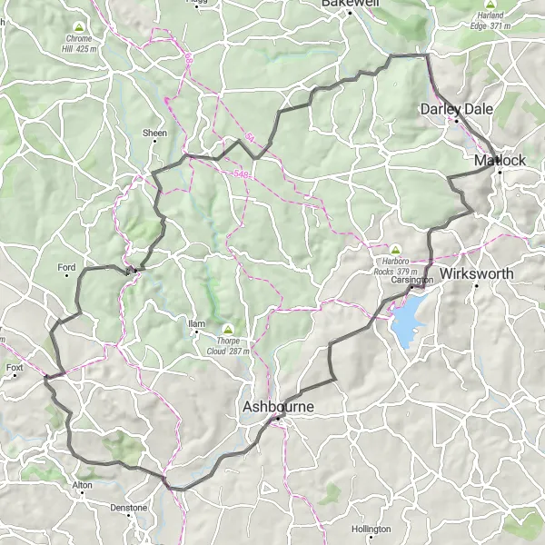 Map miniature of "Matlock to Pic Tor Loop" cycling inspiration in Derbyshire and Nottinghamshire, United Kingdom. Generated by Tarmacs.app cycling route planner