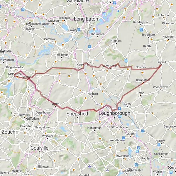 Map miniature of "The Derbyshire Gravel Loop" cycling inspiration in Derbyshire and Nottinghamshire, United Kingdom. Generated by Tarmacs.app cycling route planner