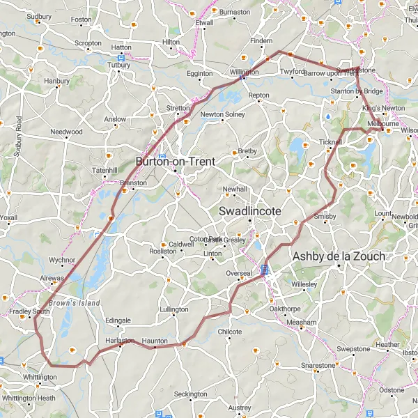 Map miniature of "The Derbyshire Gravel Adventure" cycling inspiration in Derbyshire and Nottinghamshire, United Kingdom. Generated by Tarmacs.app cycling route planner