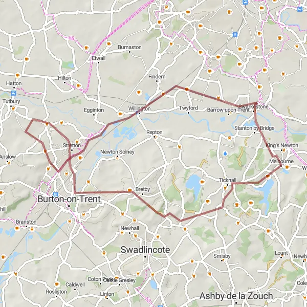 Map miniature of "Derby Gravel Loop" cycling inspiration in Derbyshire and Nottinghamshire, United Kingdom. Generated by Tarmacs.app cycling route planner