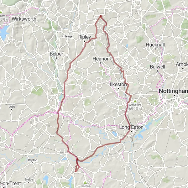 Map miniature of "Derbyshire Gravel Adventure" cycling inspiration in Derbyshire and Nottinghamshire, United Kingdom. Generated by Tarmacs.app cycling route planner