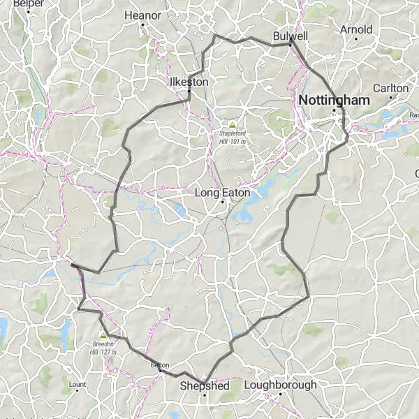 Map miniature of "The Nottinghamshire Road Tour" cycling inspiration in Derbyshire and Nottinghamshire, United Kingdom. Generated by Tarmacs.app cycling route planner