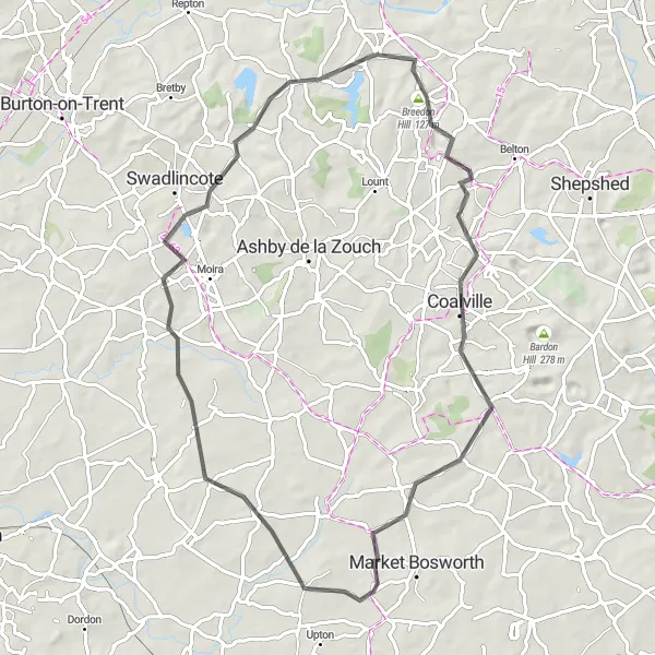 Map miniature of "The Melbourne Countryside Road Ride" cycling inspiration in Derbyshire and Nottinghamshire, United Kingdom. Generated by Tarmacs.app cycling route planner