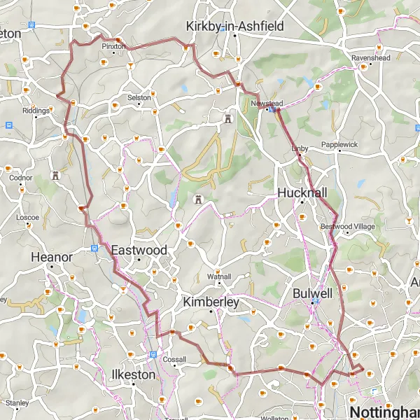 Map miniature of "The Industrial Heritage Route" cycling inspiration in Derbyshire and Nottinghamshire, United Kingdom. Generated by Tarmacs.app cycling route planner