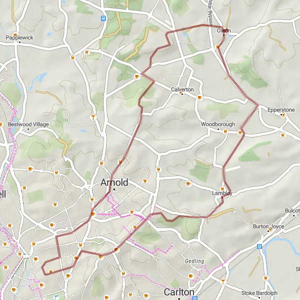 Map miniature of "The Sherwood Forest Route" cycling inspiration in Derbyshire and Nottinghamshire, United Kingdom. Generated by Tarmacs.app cycling route planner