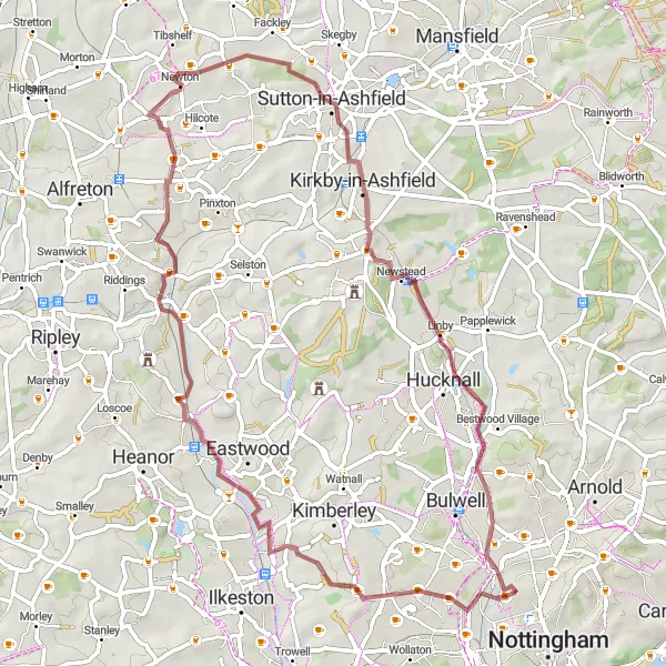 Map miniature of "Basford Loop" cycling inspiration in Derbyshire and Nottinghamshire, United Kingdom. Generated by Tarmacs.app cycling route planner