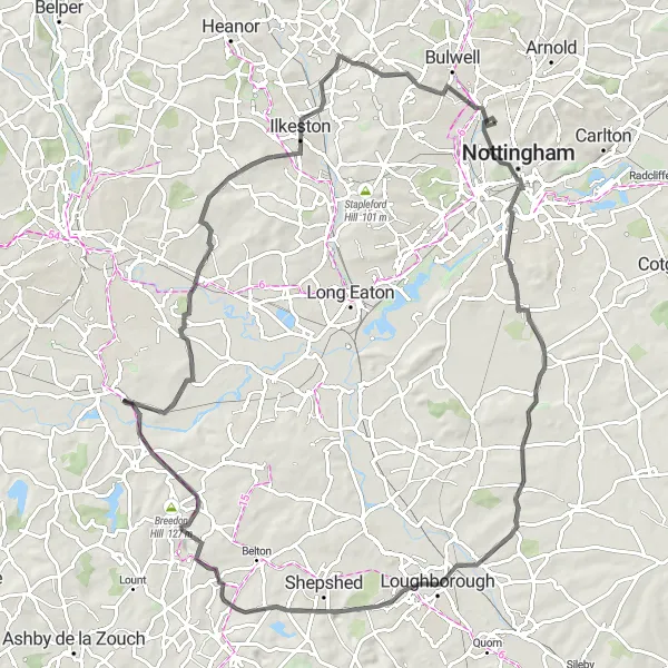 Map miniature of "The Heritage Road Adventure" cycling inspiration in Derbyshire and Nottinghamshire, United Kingdom. Generated by Tarmacs.app cycling route planner