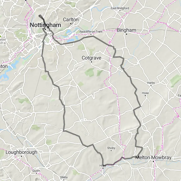 Map miniature of "Nottinghamshire Escape" cycling inspiration in Derbyshire and Nottinghamshire, United Kingdom. Generated by Tarmacs.app cycling route planner