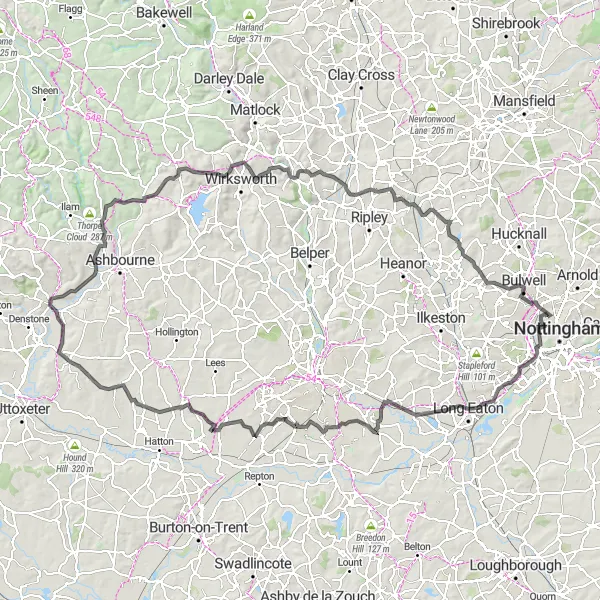 Map miniature of "Derbyshire Delight" cycling inspiration in Derbyshire and Nottinghamshire, United Kingdom. Generated by Tarmacs.app cycling route planner