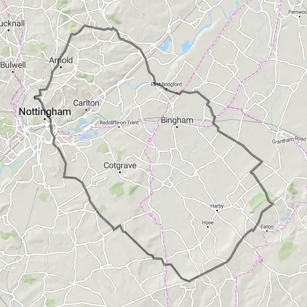 Map miniature of "Nottinghamshire Explorer" cycling inspiration in Derbyshire and Nottinghamshire, United Kingdom. Generated by Tarmacs.app cycling route planner