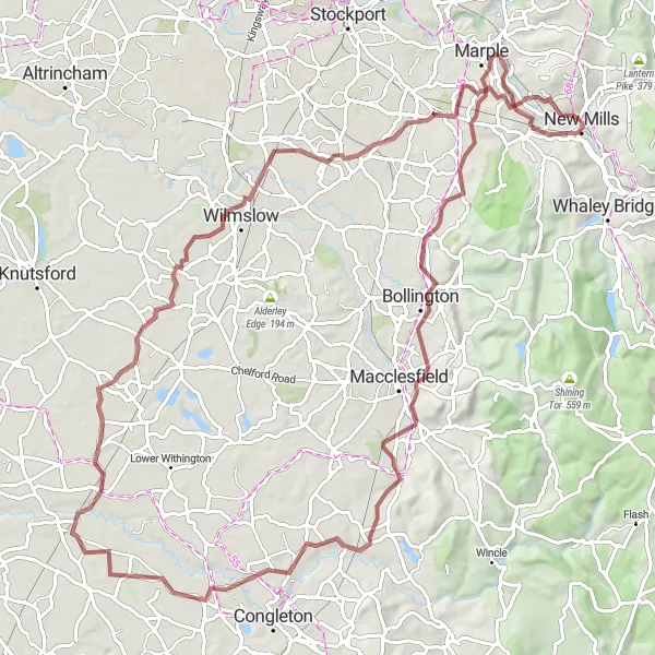 Map miniature of "The Disley to Mellor Cross Gravel Adventure" cycling inspiration in Derbyshire and Nottinghamshire, United Kingdom. Generated by Tarmacs.app cycling route planner