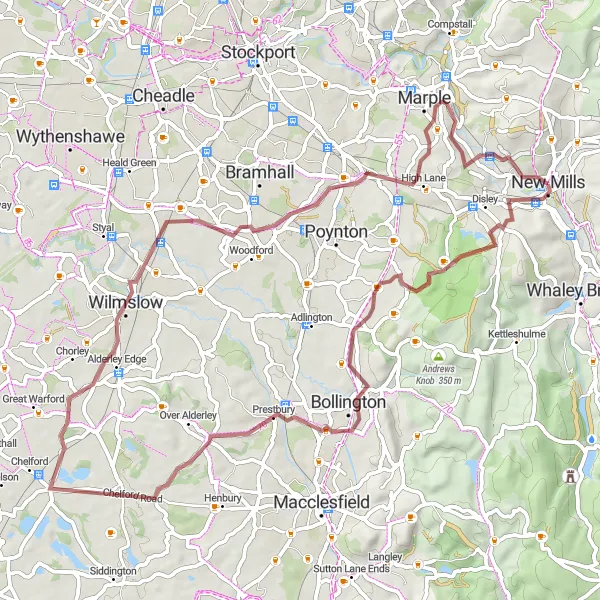 Map miniature of "Derbyshire Gravel Delight" cycling inspiration in Derbyshire and Nottinghamshire, United Kingdom. Generated by Tarmacs.app cycling route planner
